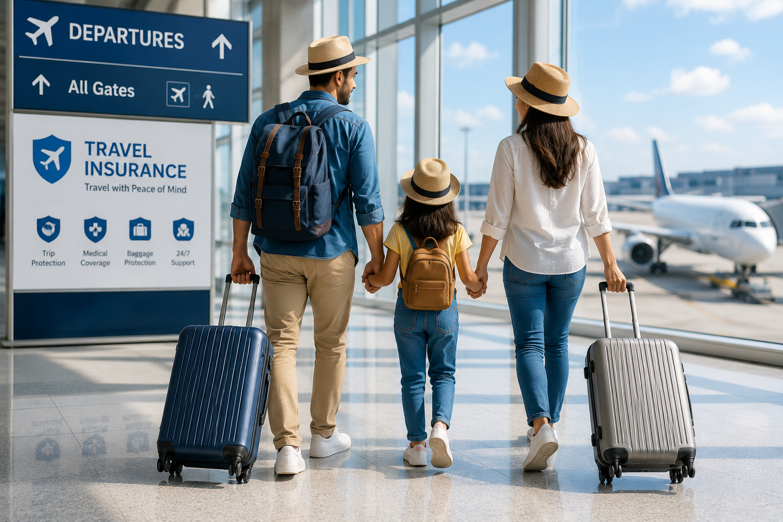 Family travelling with luggage at an airport